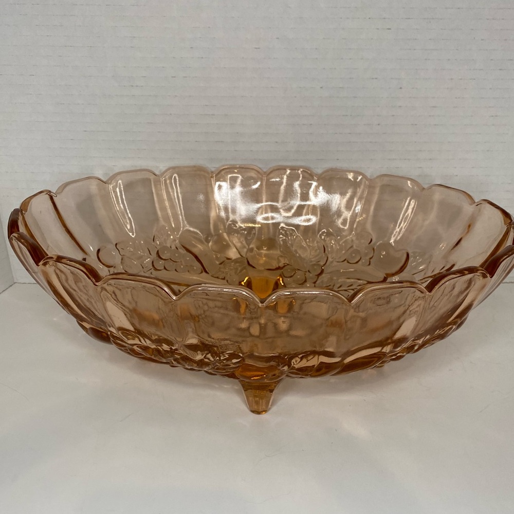 Vtg Indiana Glass Pink Depression Glass Oval Fruit Bowl with 4 Feet Embossed